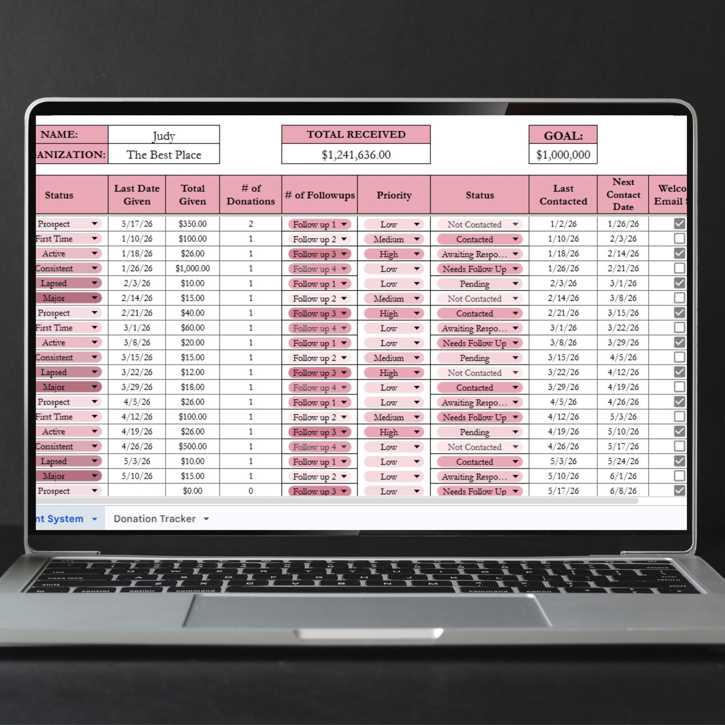 Donor Management Tracker - Stewardship, Engagement CRM & Donation Template for Google Sheets and Excel