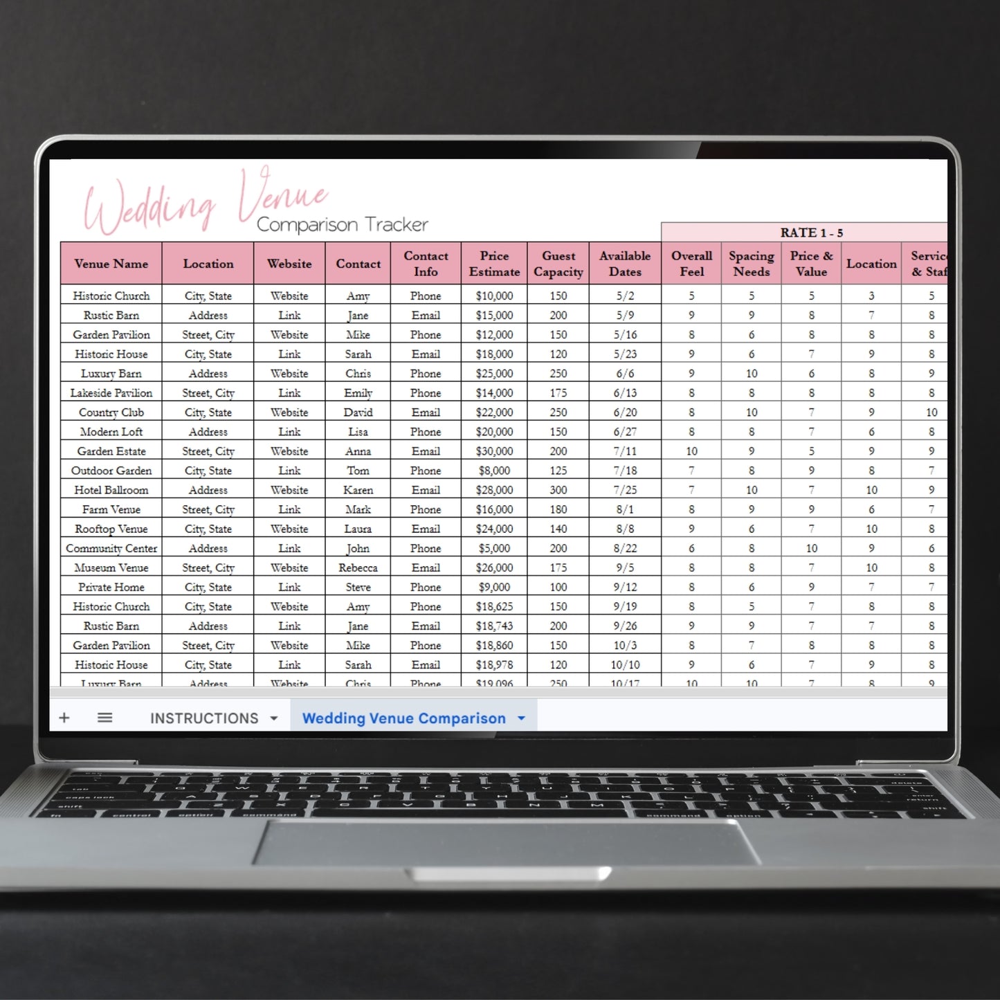 Wedding Venue Comparison Spreadsheet | Wedding Planning Google Sheets and Excel Spreadsheet Template for Brides & Wedding Planners