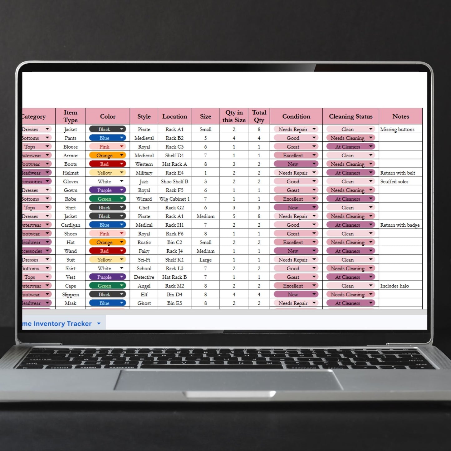 Costume Inventory Tracker Template for Theatre, Cosplay & Halloween | Prop & Rental Log for Google Sheets & Excel