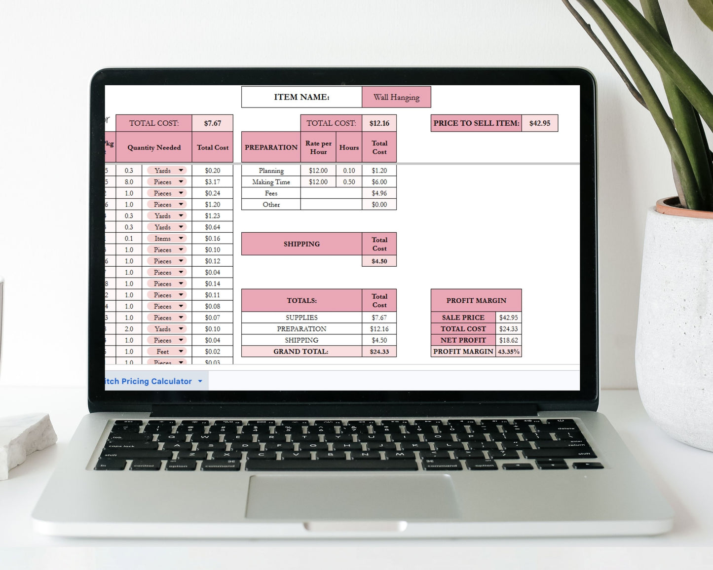 Cross Stitch Pricing Calculator Google Sheets and Excel | Handmade Cost Spreadsheet & Profit Margin Template