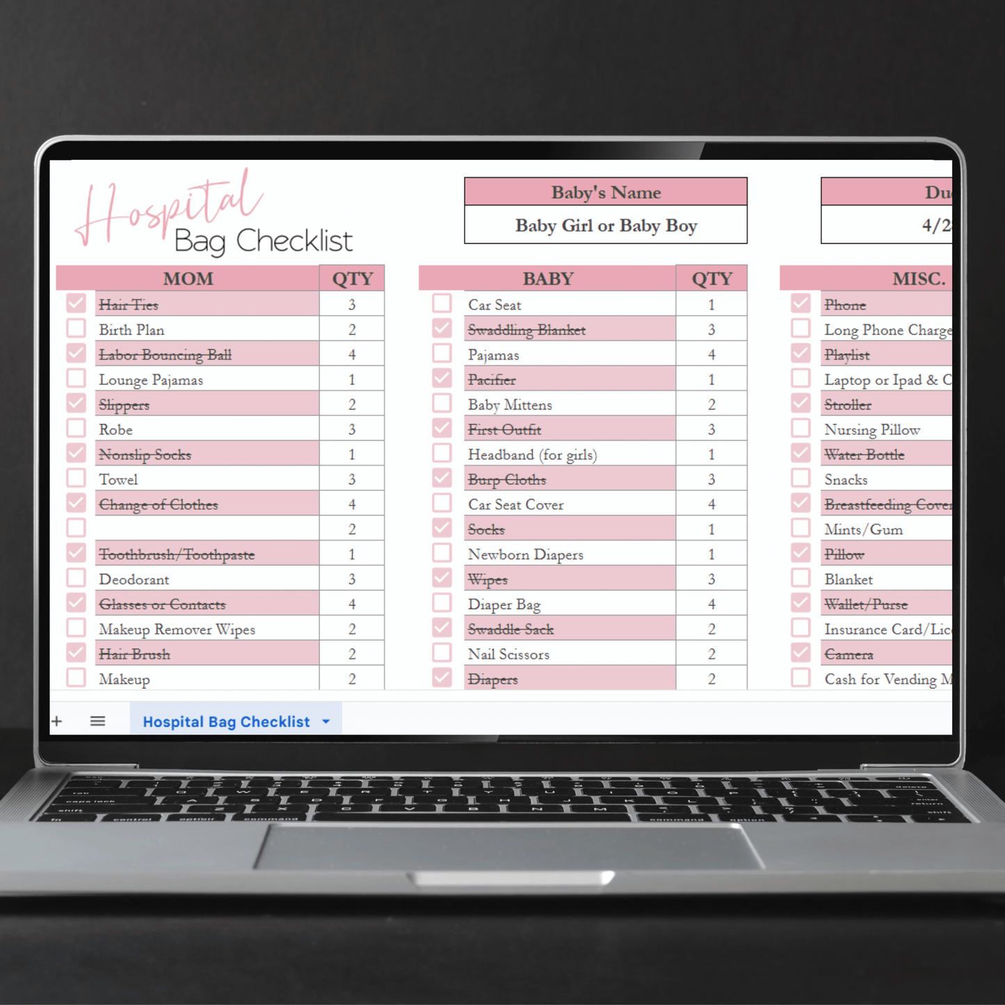 Hospital Bag Checklist Spreadsheet Template Google Sheets and Excel Spreadsheet