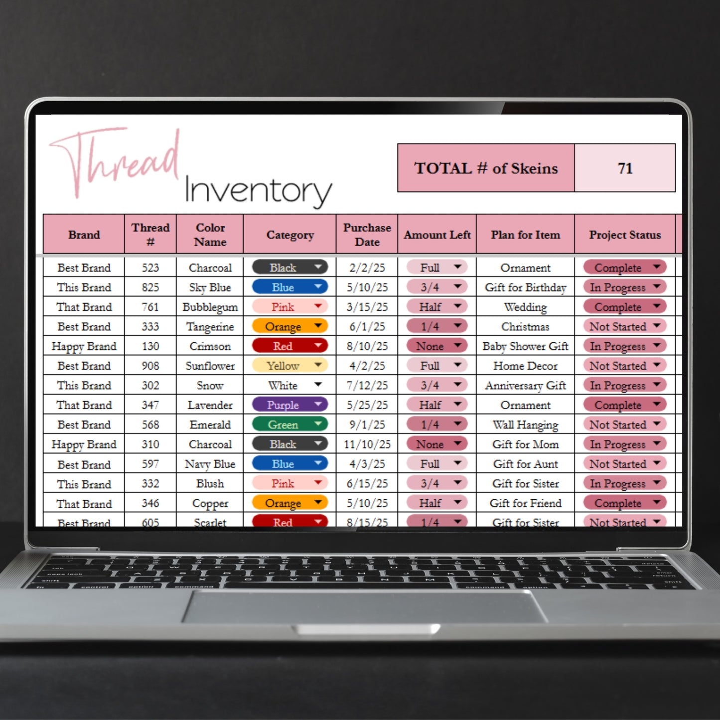 Thread Inventory Tracker Excel Spreadsheet and Google Sheets for Cross Stitch and Embroidery