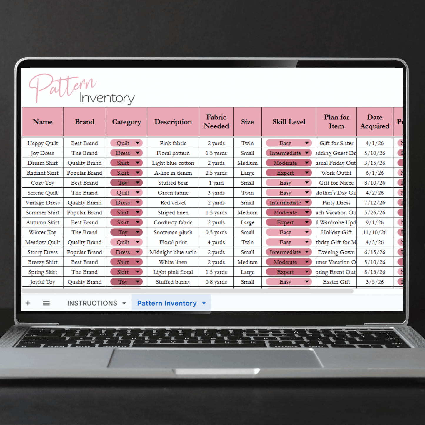 Pattern Inventory Tracker Excel Spreadsheet and Google Sheets to Organize your Patterns