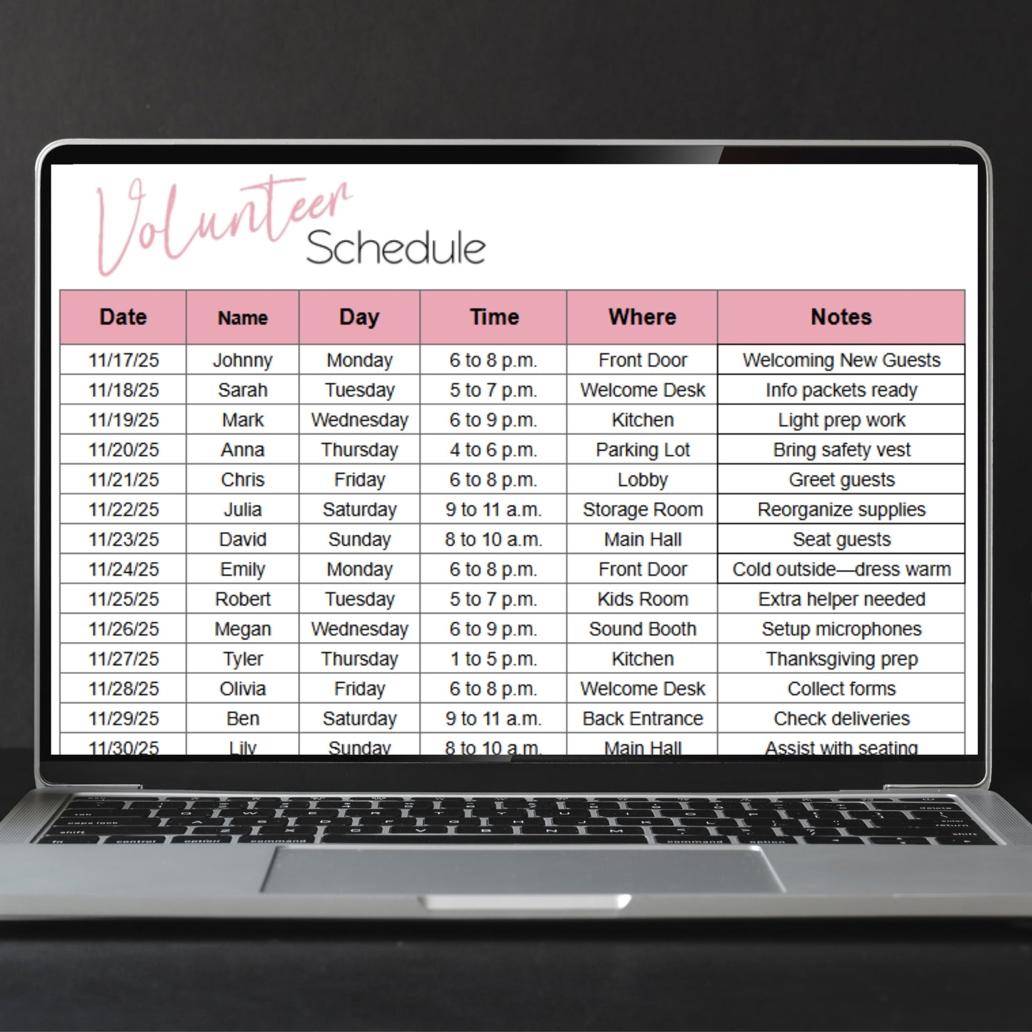 Volunteer Roster Template Google Sheets and Excel Spreadsheet