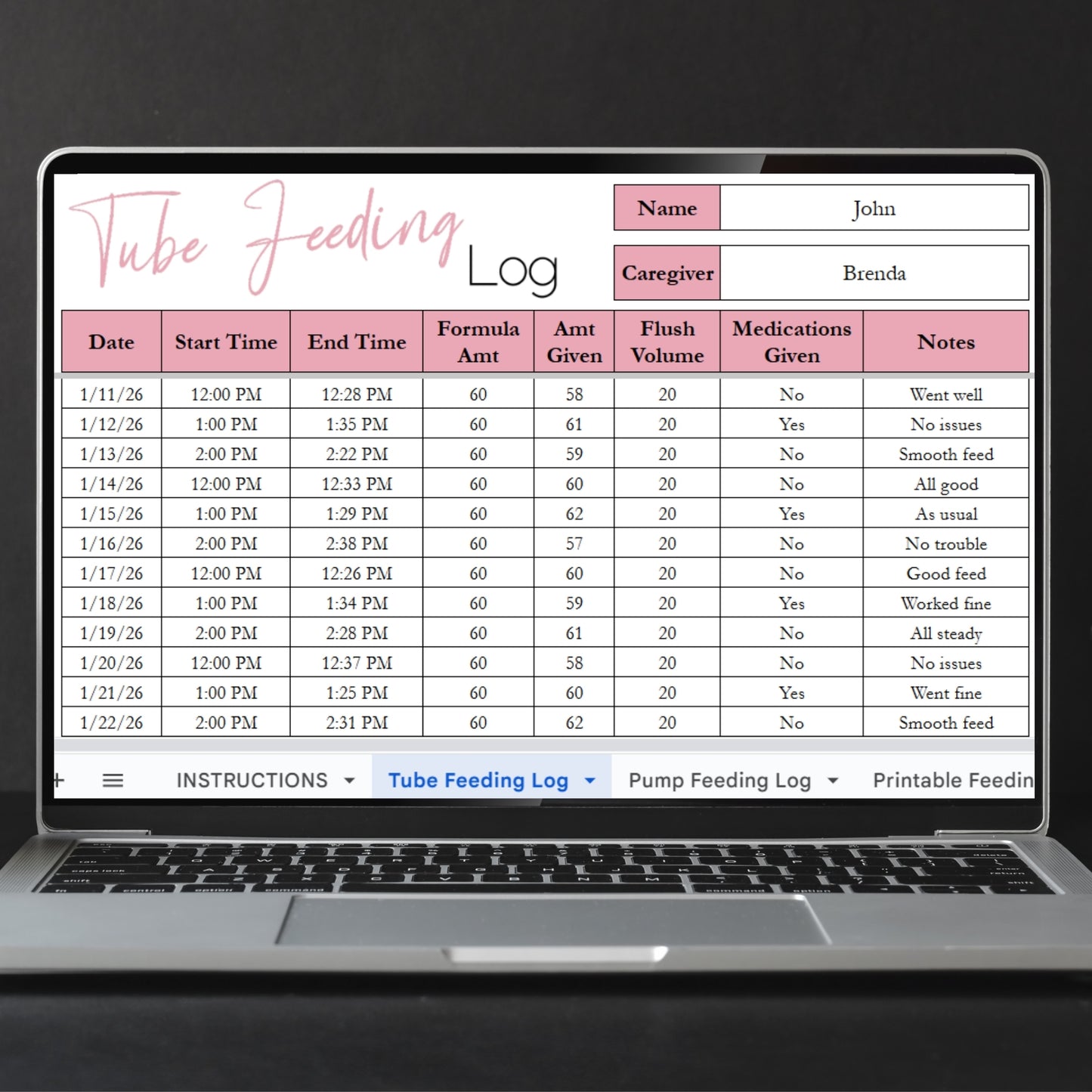Tube Feeding Log Template Google Sheet and Excel Spreadsheet