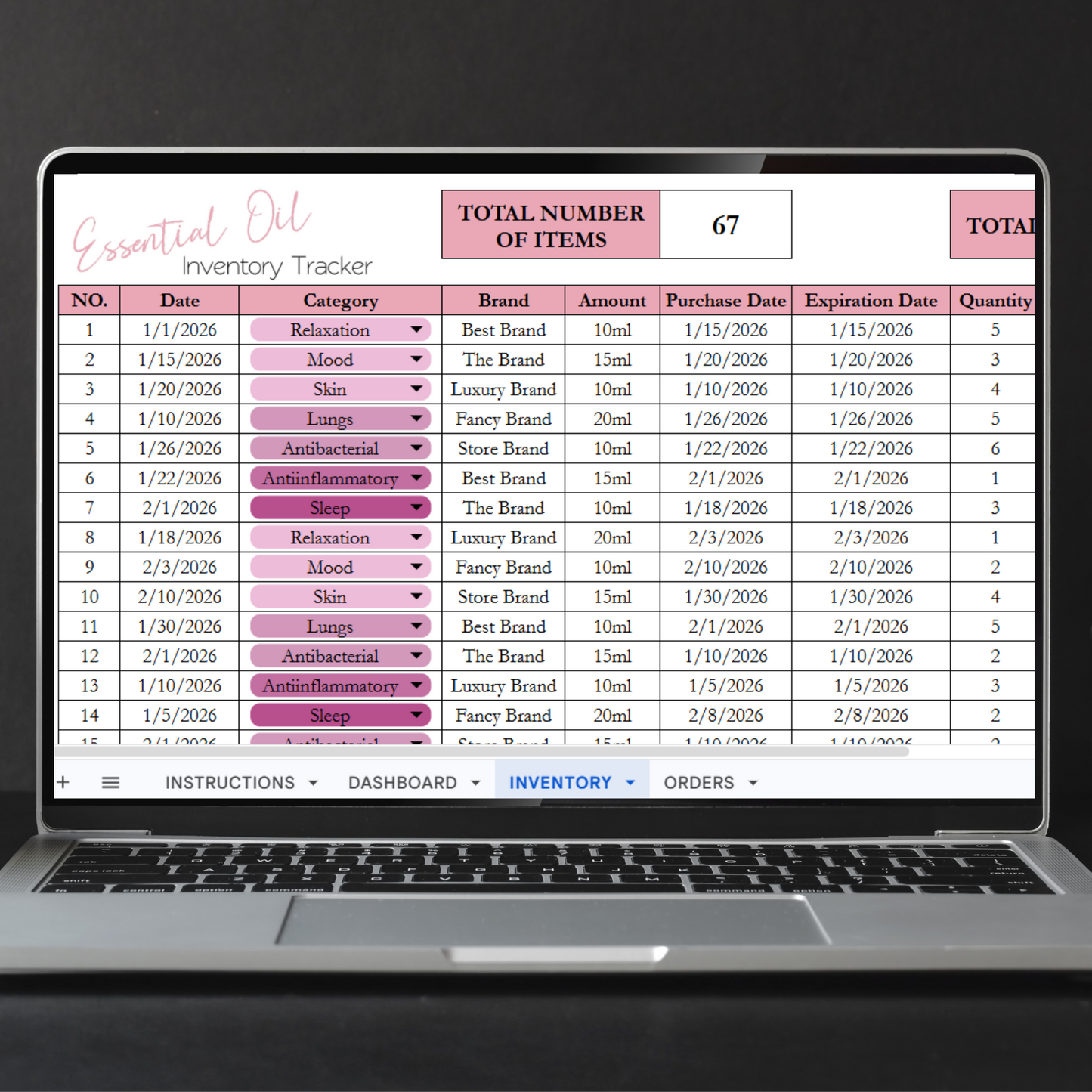 Essential Oil Inventory Tracker Template Google Sheet and Excel Spreadsheet