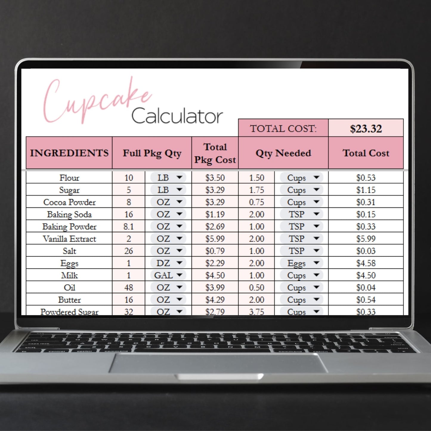 Cupcake Calculator Template Google Sheets and Excel Spreadsheet Template for Cupcake Business Pricing, Cost, and Profit Margin