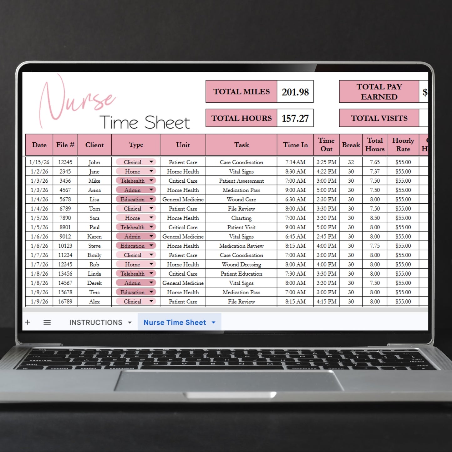 Nurse Time Sheet Spreadsheet Template Google Sheets and Excel Spreadsheet