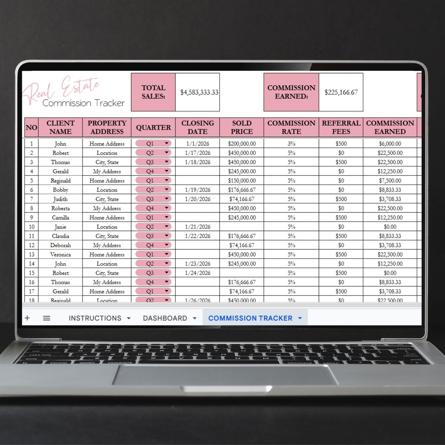 Real Estate Commission Tracker Google Sheet and Excel Spreadsheet Template