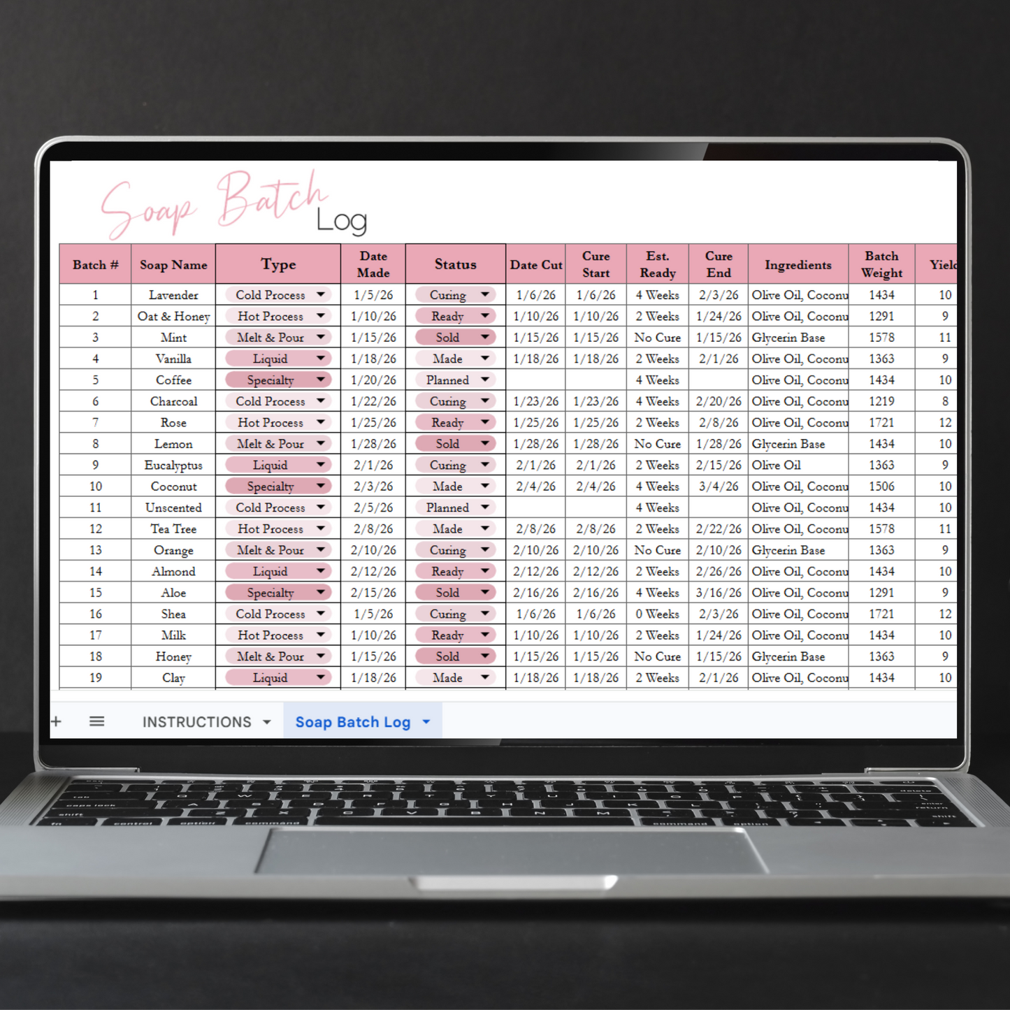 Soap Batch Log Spreadsheet Google Sheets and Excel Spreadsheet Template