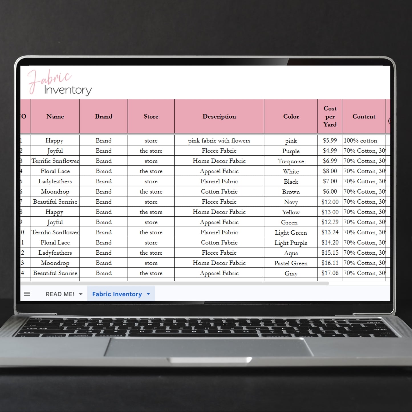 Fabric Inventory Tracker Google Sheet and Excel Spreadsheet