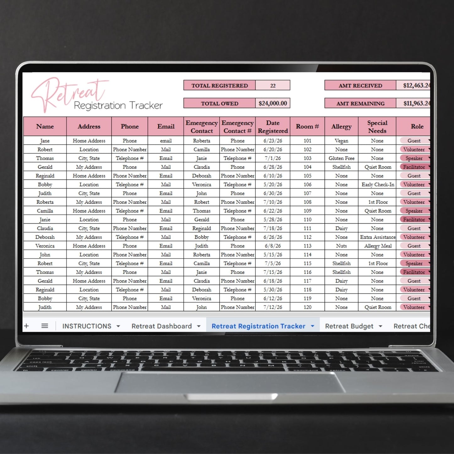 Retreat Registration Tracker | Attendee List, Payment Tracker, Scholarships, Dietary Needs | Event Planner & Organizer Google Sheets Excel Template