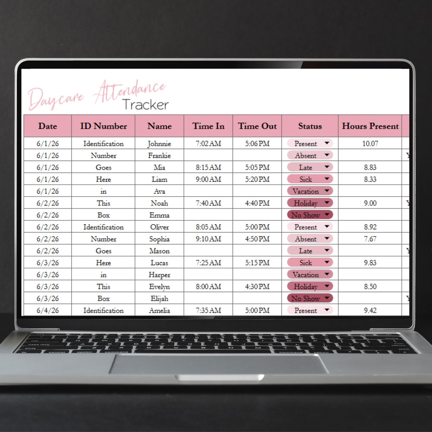 Daycare Attendance Tracker Template – Preschool & Home Childcare Log - Google Sheets and Excel Spreadsheet