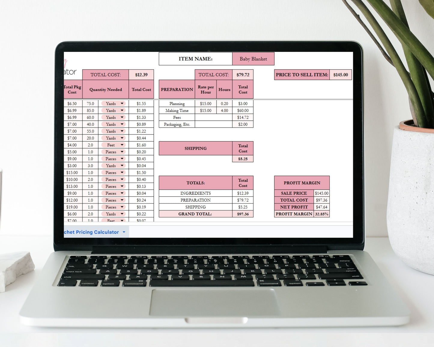 Crochet Pricing Calculator Google Sheets and Excel Spreadsheet Template | Handmade Product Cost & Profit Spreadsheet