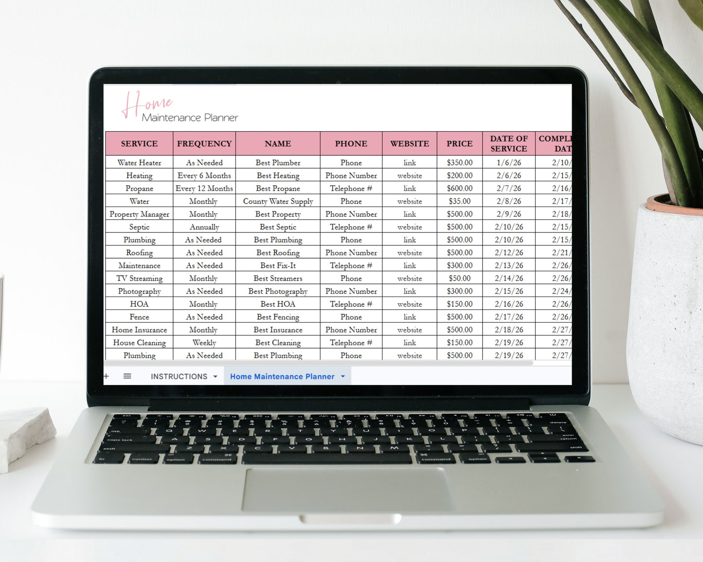 Home Maintenance Tracker Template for Google Sheets and Excel Spreadsheet