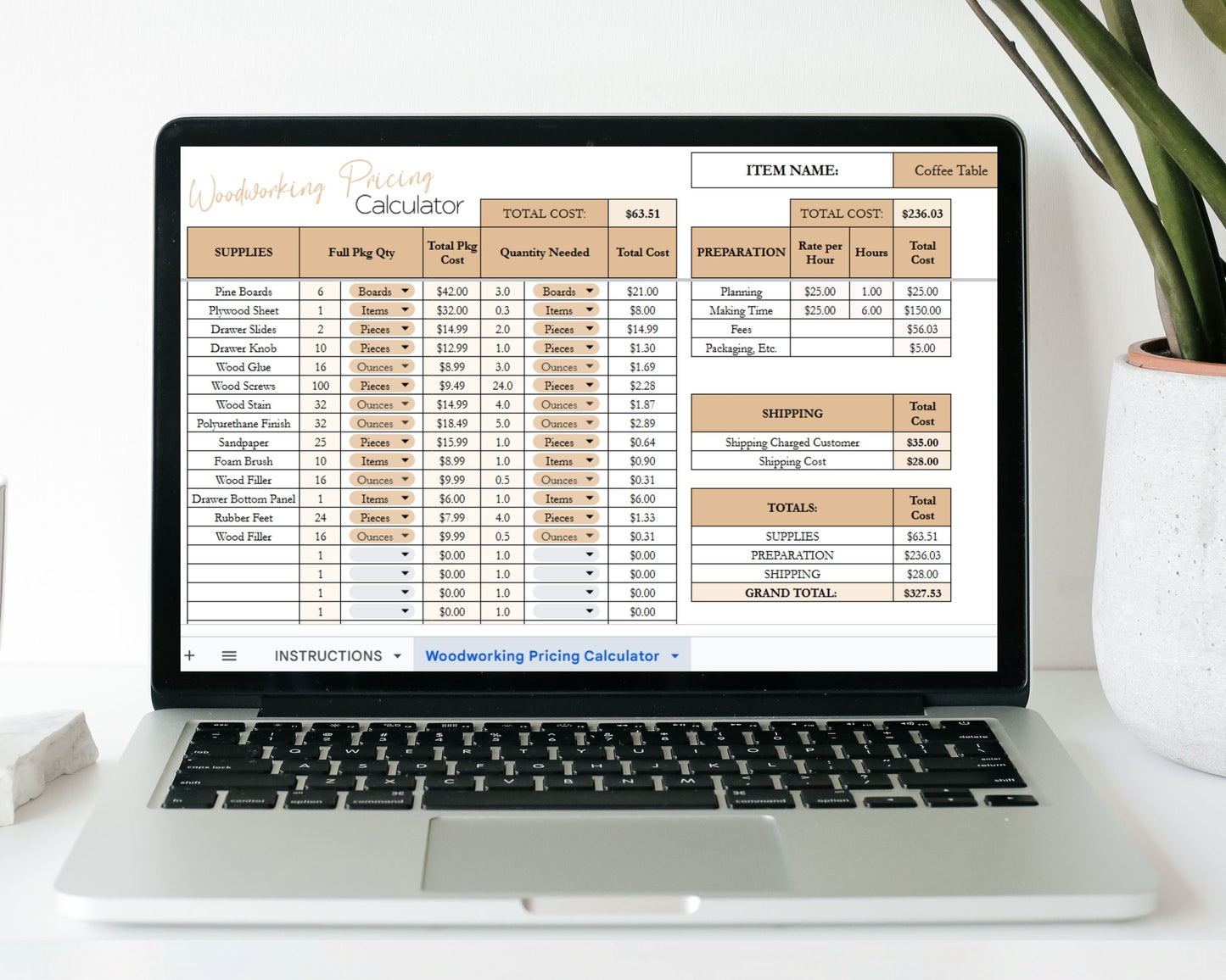 Woodworking Pricing Calculator Spreadsheet | Track Costs, Labor & Profit Margins | Google Sheets & Excel