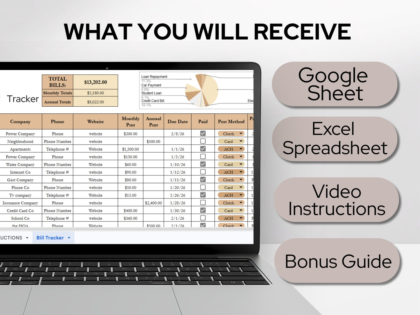 Bill Payment Tracker: Minimalist Monthly Expense Spreadsheet Template (Google Sheets & Excel)