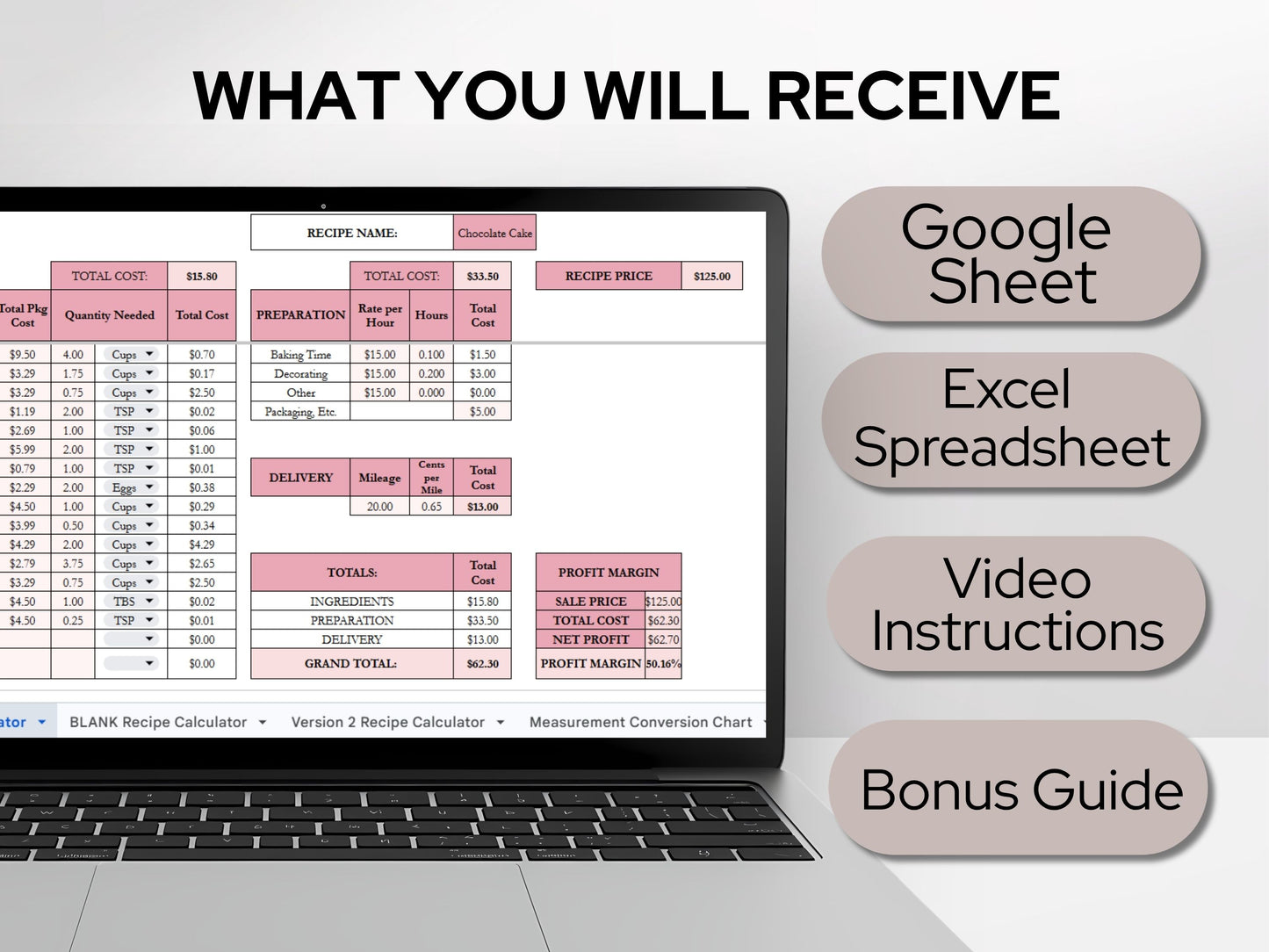 Recipe Cost Calculator Spreadsheet | Product Pricing & Profit Margin Template for Home Bakery Businesses | Google Sheets & Excel Spreadsheet Template