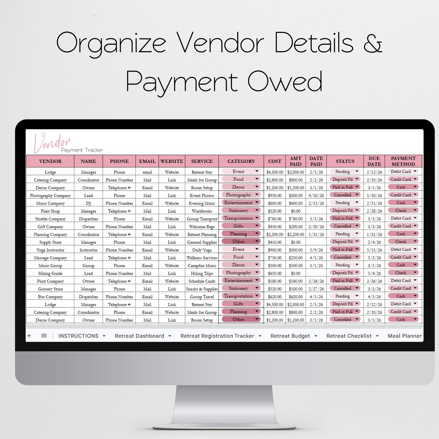 Retreat Planner | Conference, Workshop, Seminar, Convention Planner | Itinerary, Event Budget, Expense Tracker, Meal Planner, Registration Tracker, Attendee List | Google Sheets Excel Template