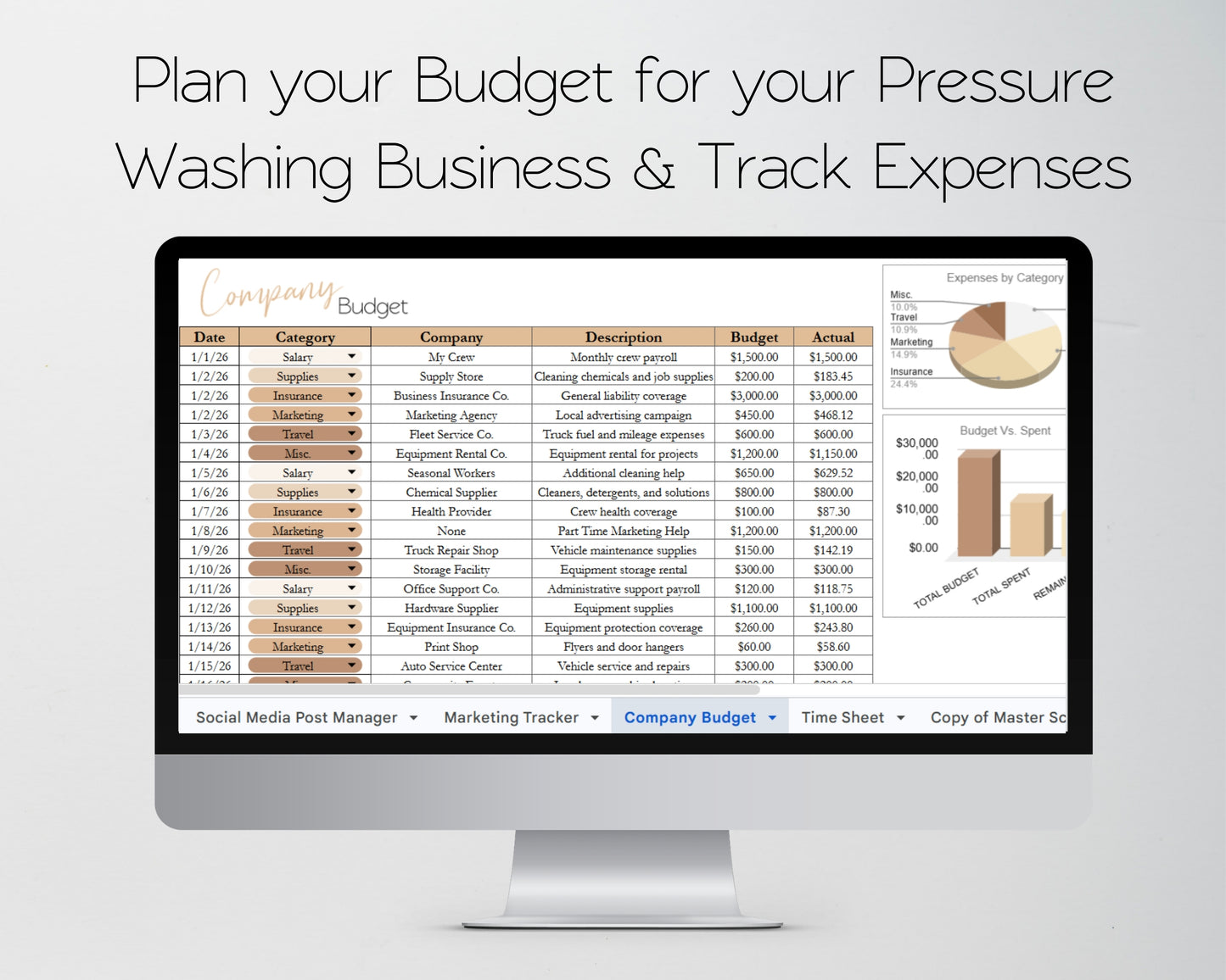 Pressure Washing Business Template Bundle - Google Sheets & Excel - Income and Expenses, Schedule, Job and Client Tracking
