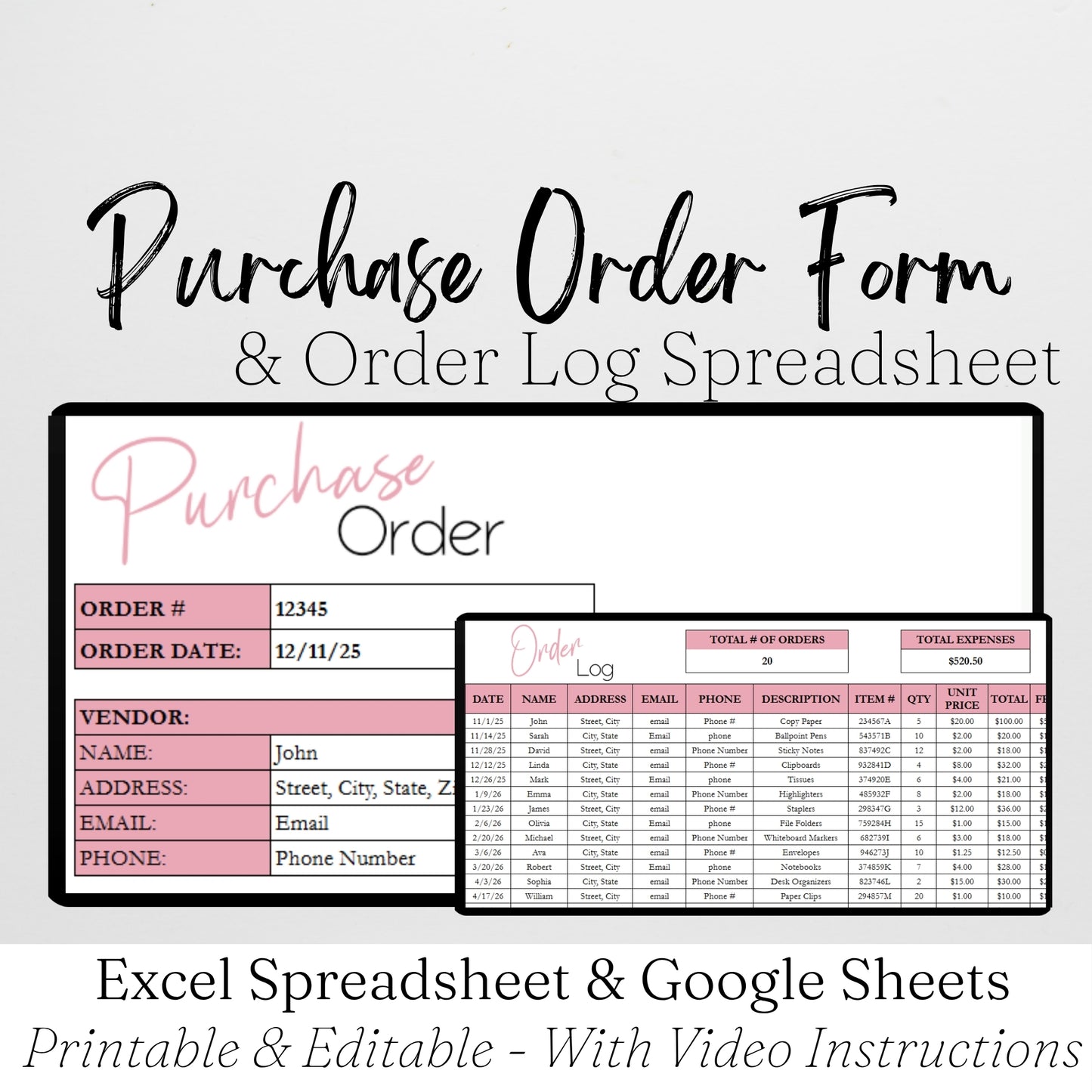 Purchase Order Form Template Google Sheets and Excel Spreadsheet