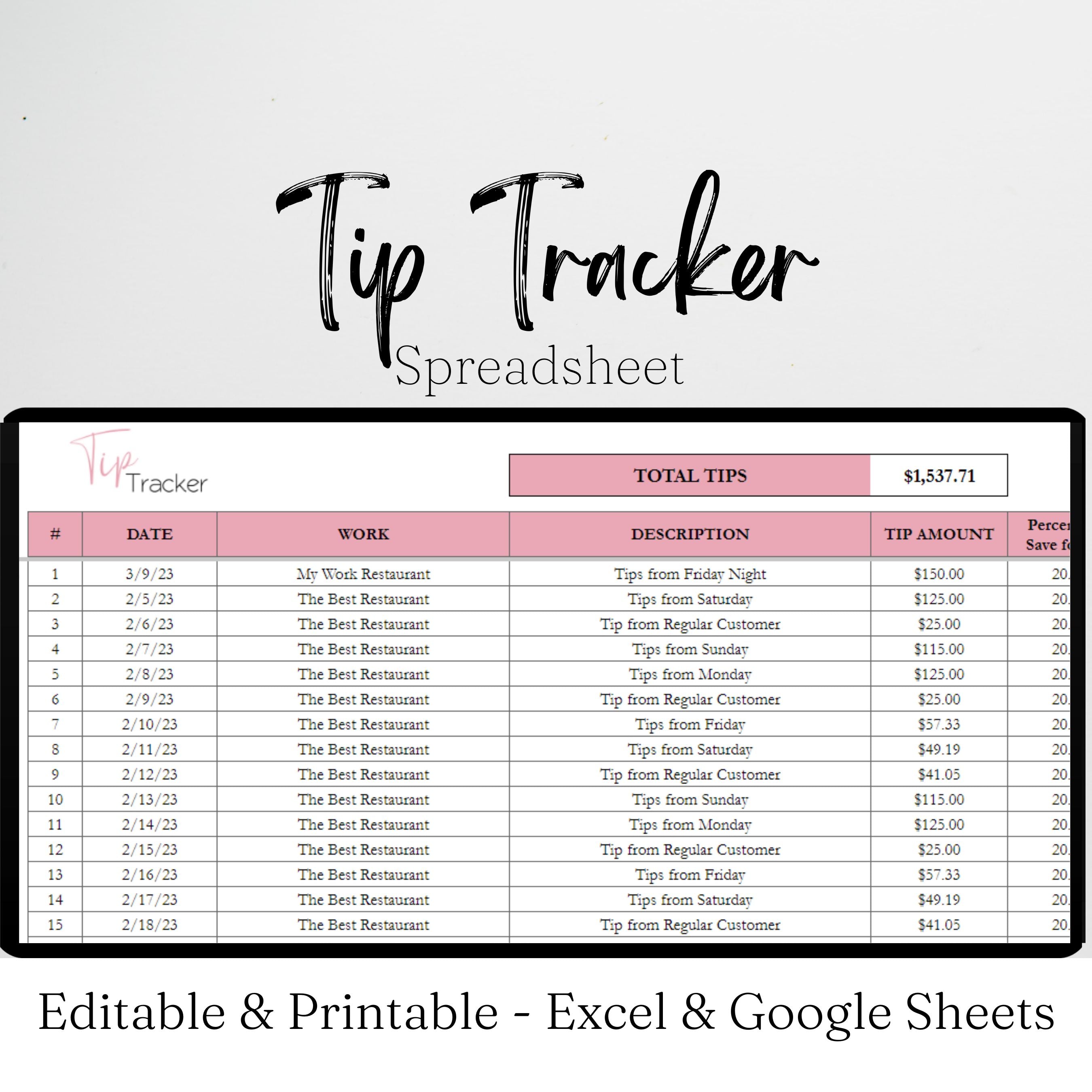 Tip Tracker Google Sheet and Excel Spreadsheet Savvy and Thriving