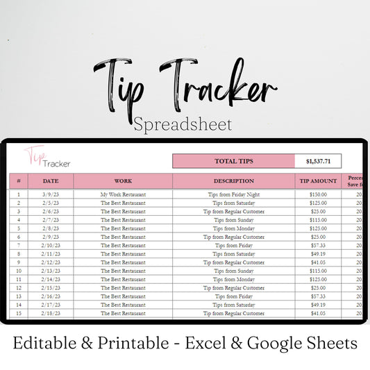 Tip Tracker Google Sheet and Excel Spreadsheet