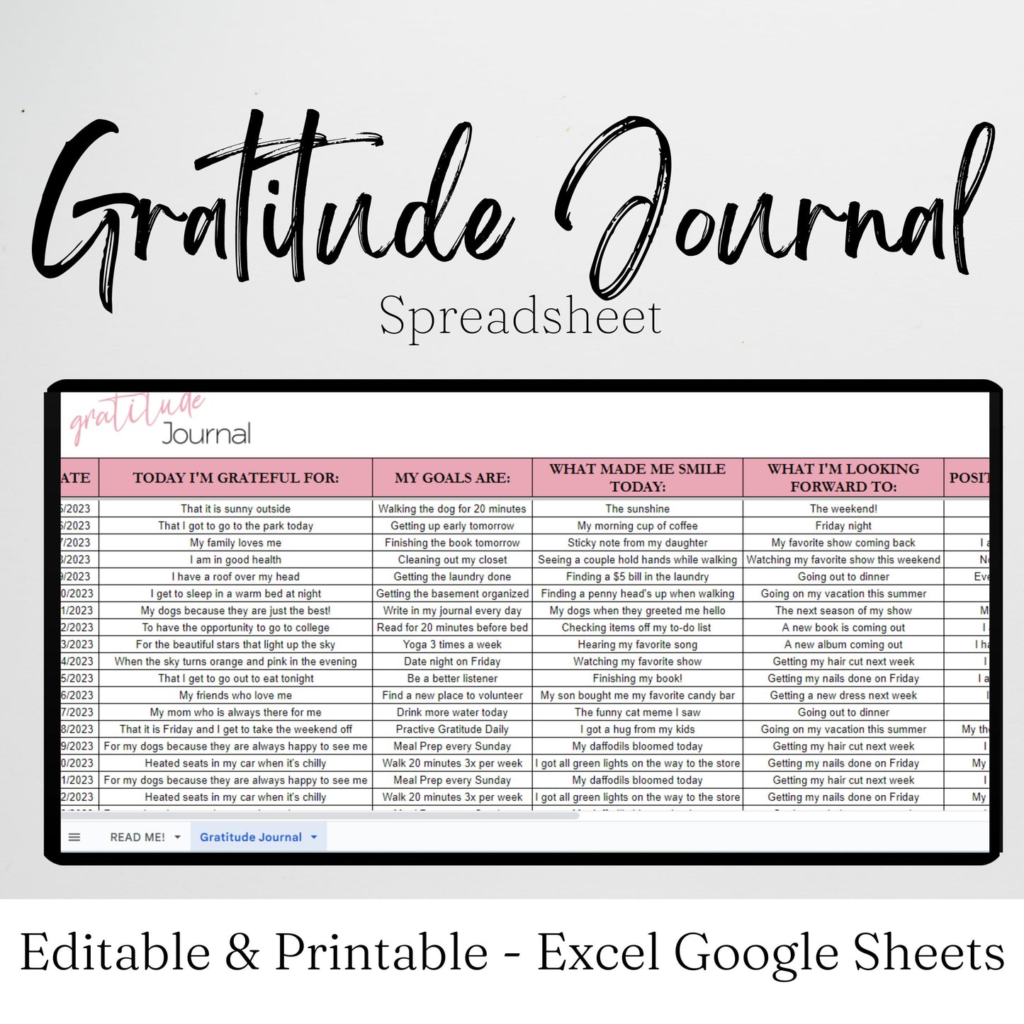 Gratitude Journal Google Sheet and Excel Spreadsheet