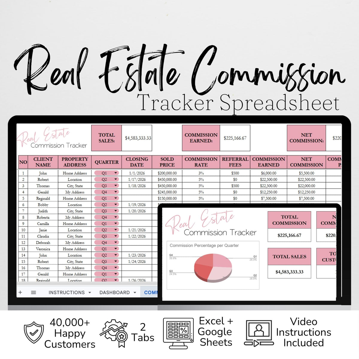 Real Estate Commission Tracker Google Sheet and Excel Spreadsheet Temp ...