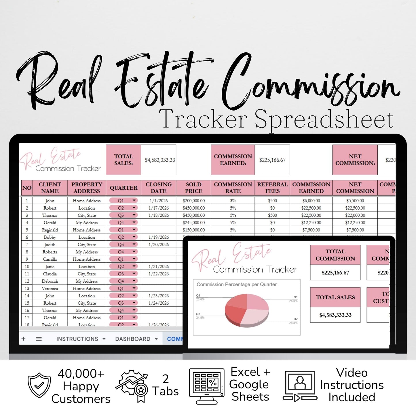 Real Estate Commission Tracker Google Sheet and Excel Spreadsheet Template