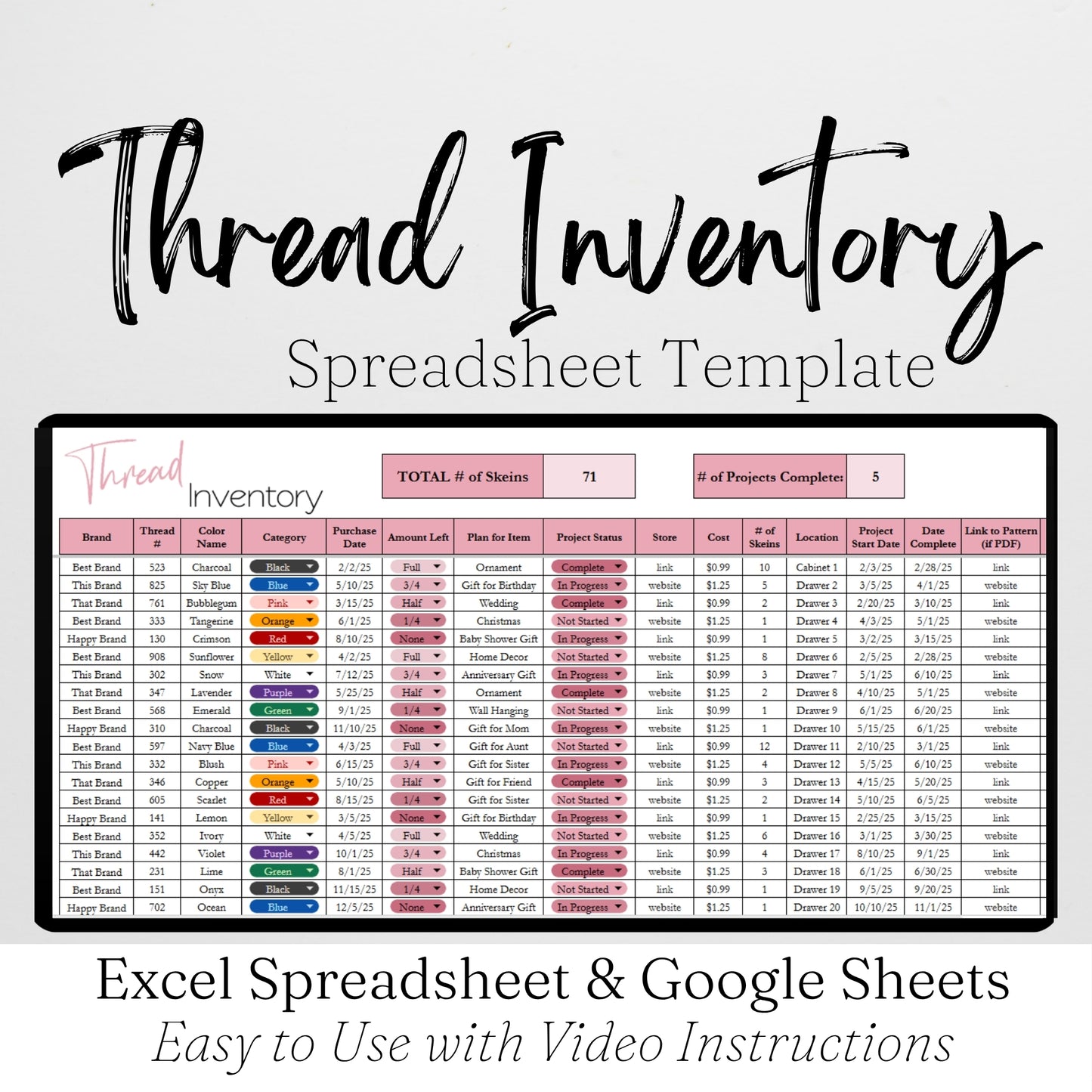Thread Inventory Tracker Excel Spreadsheet and Google Sheets for Cross Stitch and Embroidery