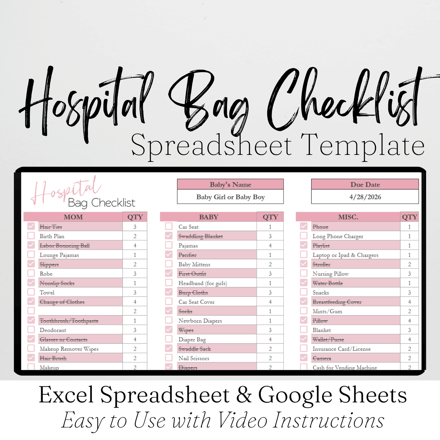 Hospital Bag Checklist Spreadsheet Template Google Sheets and Excel Spreadsheet