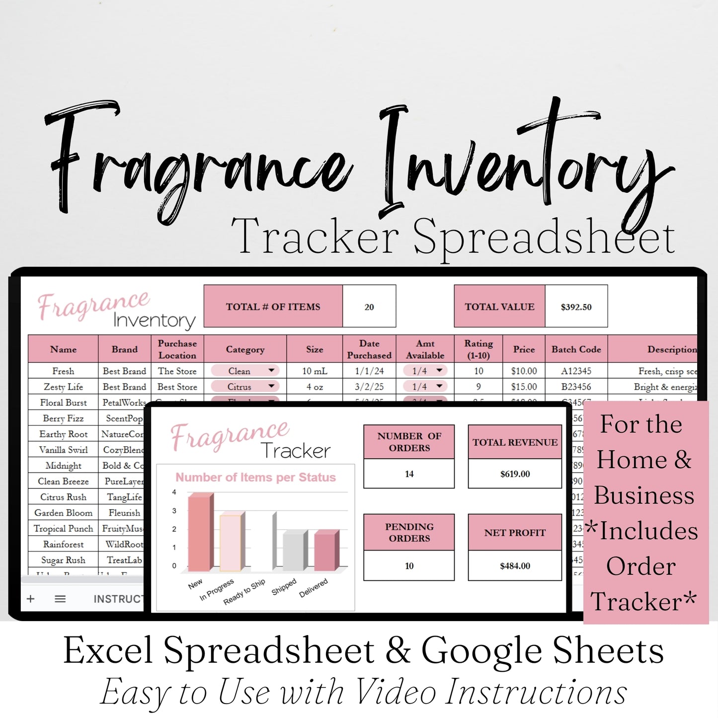 Fragrance Collection Tracker Template Inventory Tracking for Google Sheets and Excel Spreadsheet