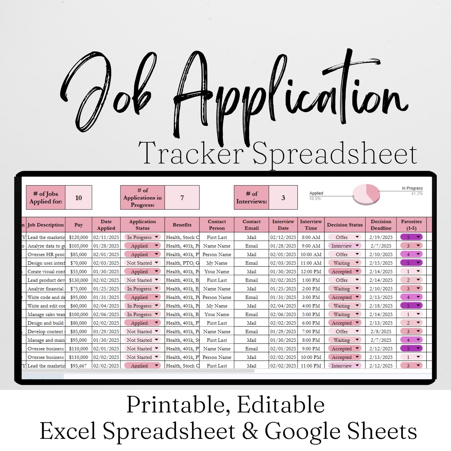 Job Application Tracker Excel Spreadsheet and Google Sheets Template