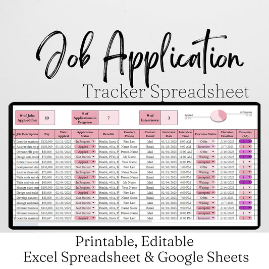 Job Application Tracker Excel Spreadsheet and Google Sheets Template