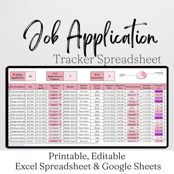 Job Application Tracker Excel Spreadsheet and Google Sheets Template ...