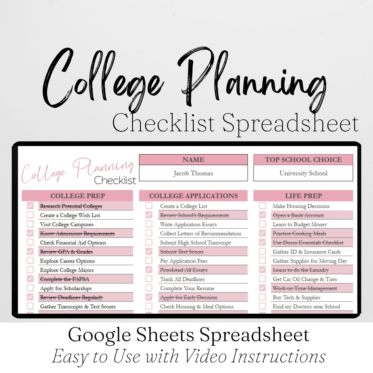 College Planning Checklist Template for Google Sheets and Excel Spreadsheet