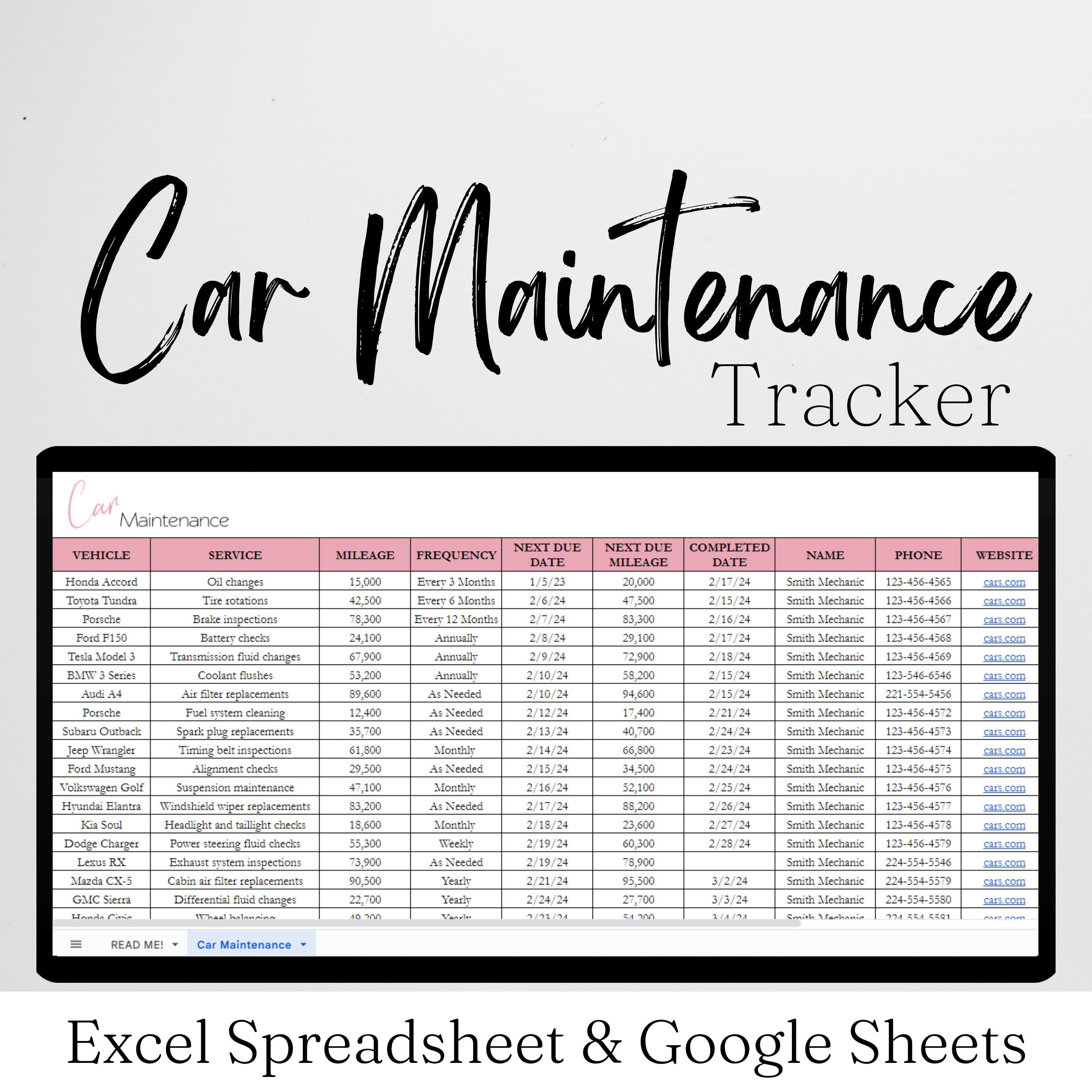 Car Maintenance Tracker Template Google Sheets Excel Spreadsheet