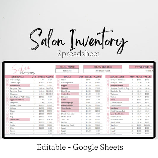 Salon Inventory Google Sheet and Excel Spreadsheet