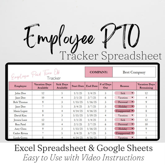 Employee PTO Tracker Template, Vacation and Leave Tracker Google Sheets and Excel Spreadsheet