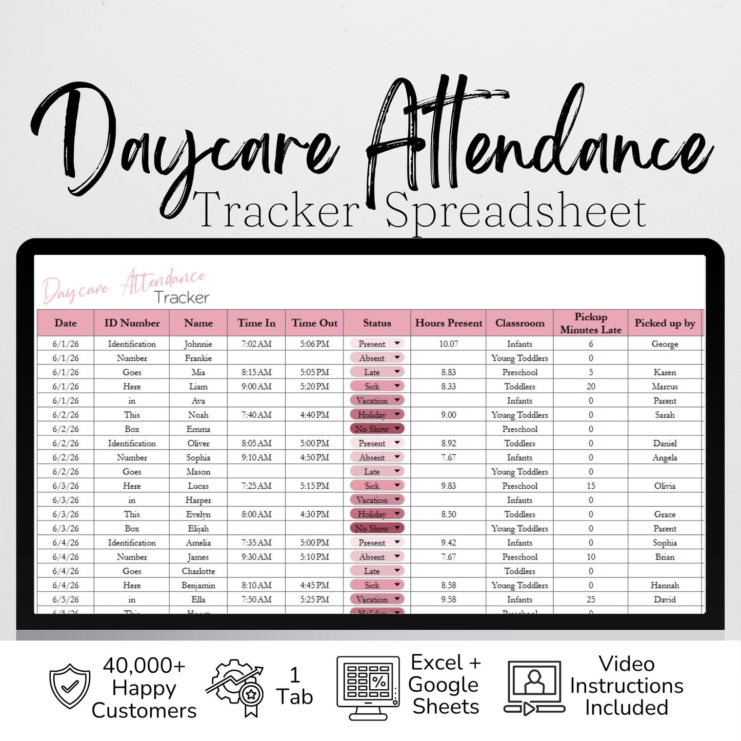 Daycare Attendance Tracker Template – Preschool & Home Childcare Log - Google Sheets and Excel Spreadsheet