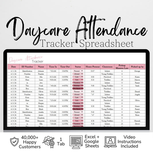 Daycare Attendance Tracker Template – Preschool & Home Childcare Log - Google Sheets and Excel Spreadsheet