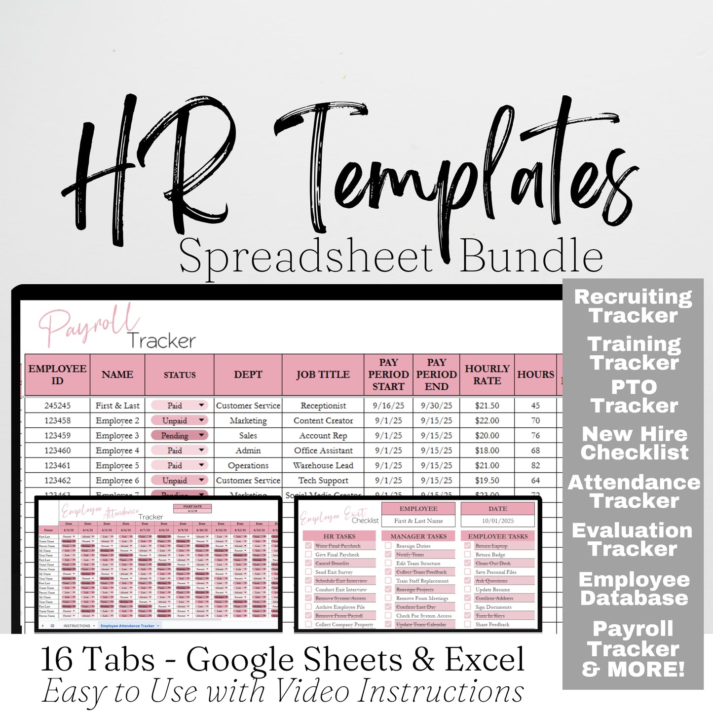 HR Templates for Small Business Google Sheet and Excel Spreadsheet Bundle