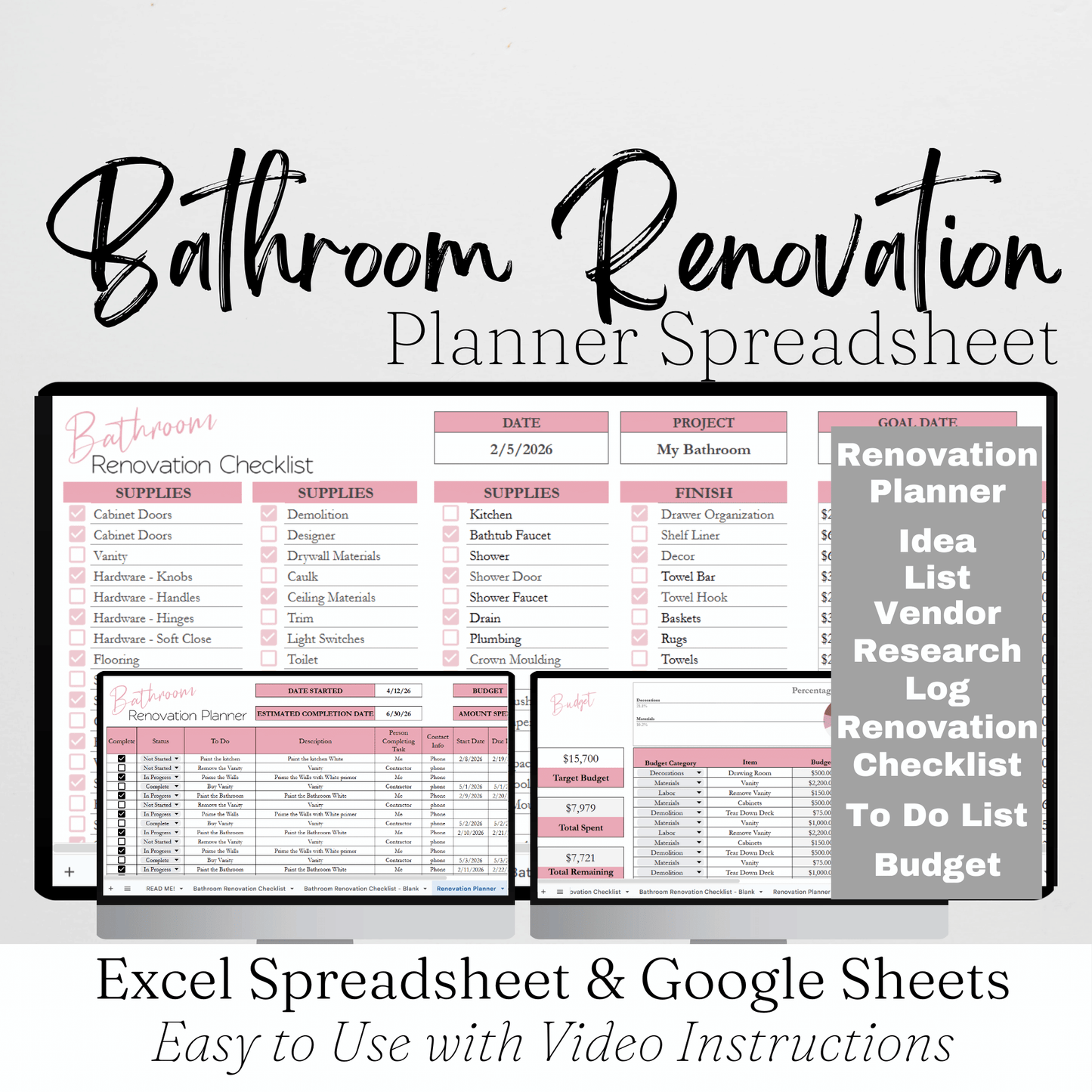 Bathroom Renovation Planner Google Sheet and Excel Spreadsheet Template
