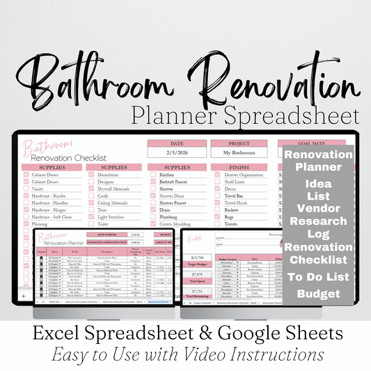 Bathroom Renovation Planner Google Sheet and Excel Spreadsheet Template