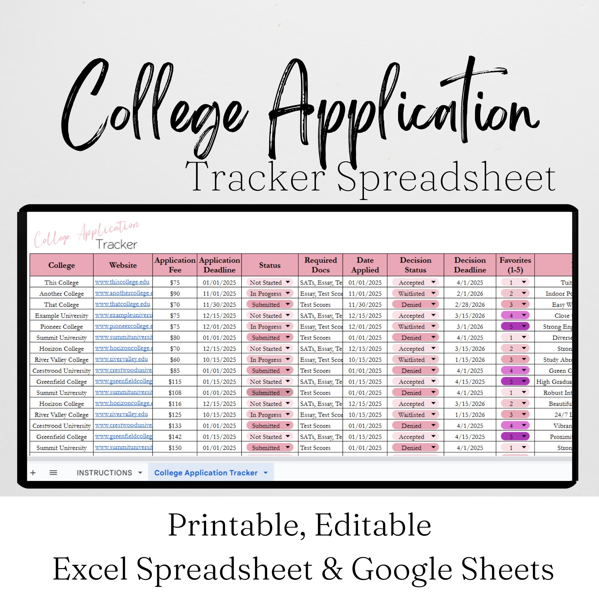 College Application Tracker Template Google Sheets and Excel Spreadshe ...