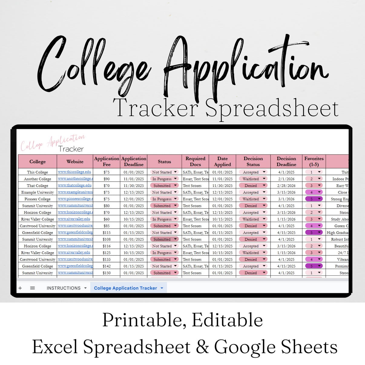 College Application Tracker Template Google Sheets and Excel Spreadshe