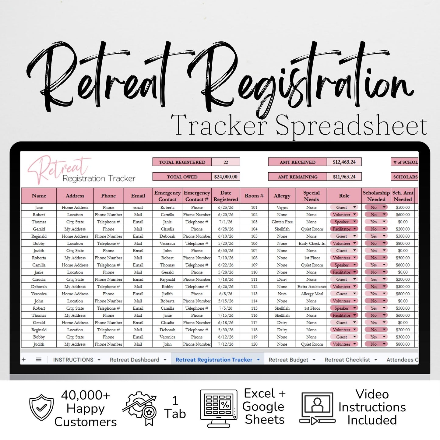 Retreat Registration Tracker | Attendee List, Payment Tracker, Scholarships, Dietary Needs | Event Planner & Organizer Google Sheets Excel Template
