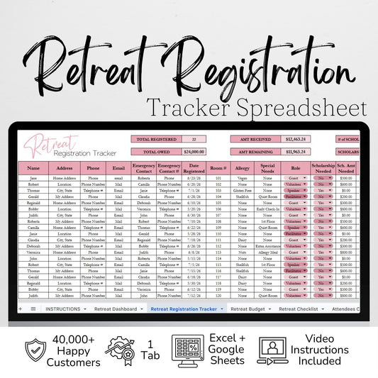 Retreat Registration Tracker | Attendee List, Payment Tracker, Scholarships, Dietary Needs | Event Planner & Organizer Google Sheets Excel Template