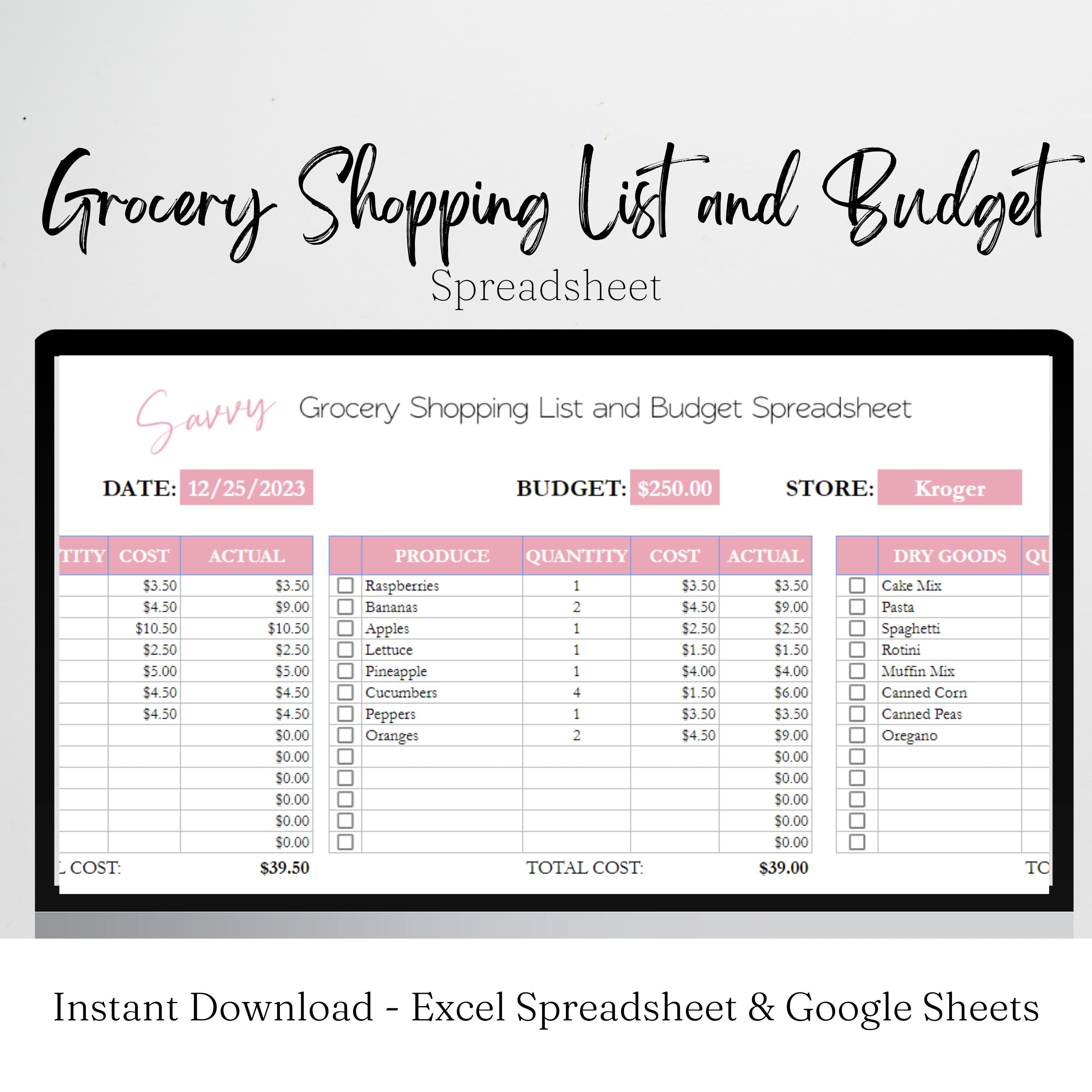 Grocery Shopping List and Budget Template Google Sheets Excel Spreadsh ...